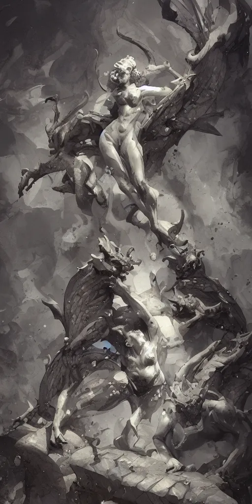 Image similar to highly detailed beautiful photography of gargoyle, splash, sharp focus, dynamic lighting, elegant harmony, beauty, masterpiece, by riccardo federici, by james jean, by craig mullins, by lois van baarle, by makoto shinkai, by greg tocchini, by greg rutkowski, illustration, ink draw, pen, blue background