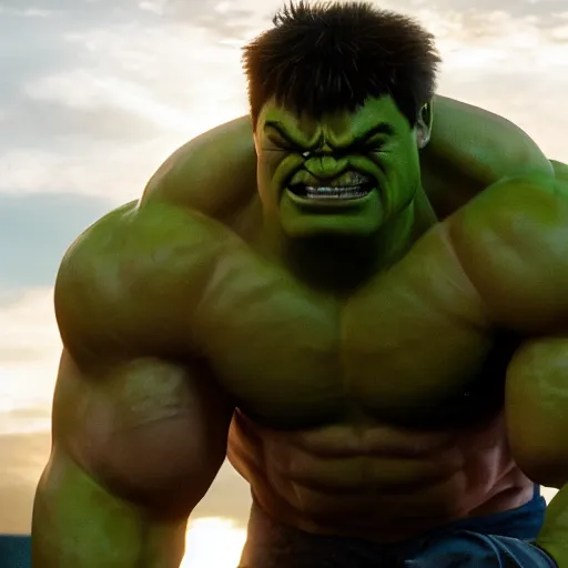 Image similar to Margot Robbie as real-life Hulk, cinematic, Wide-shot, atmospheric lighting, directed by Quentin Tarantino, extreme detail, 8K, movie still