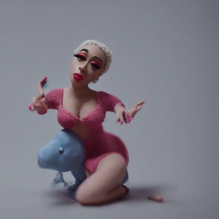 Image similar to a cinematic film still of a claymation stop motion film starring doja cat, shallow depth of field, 8 0 mm, f 1. 8