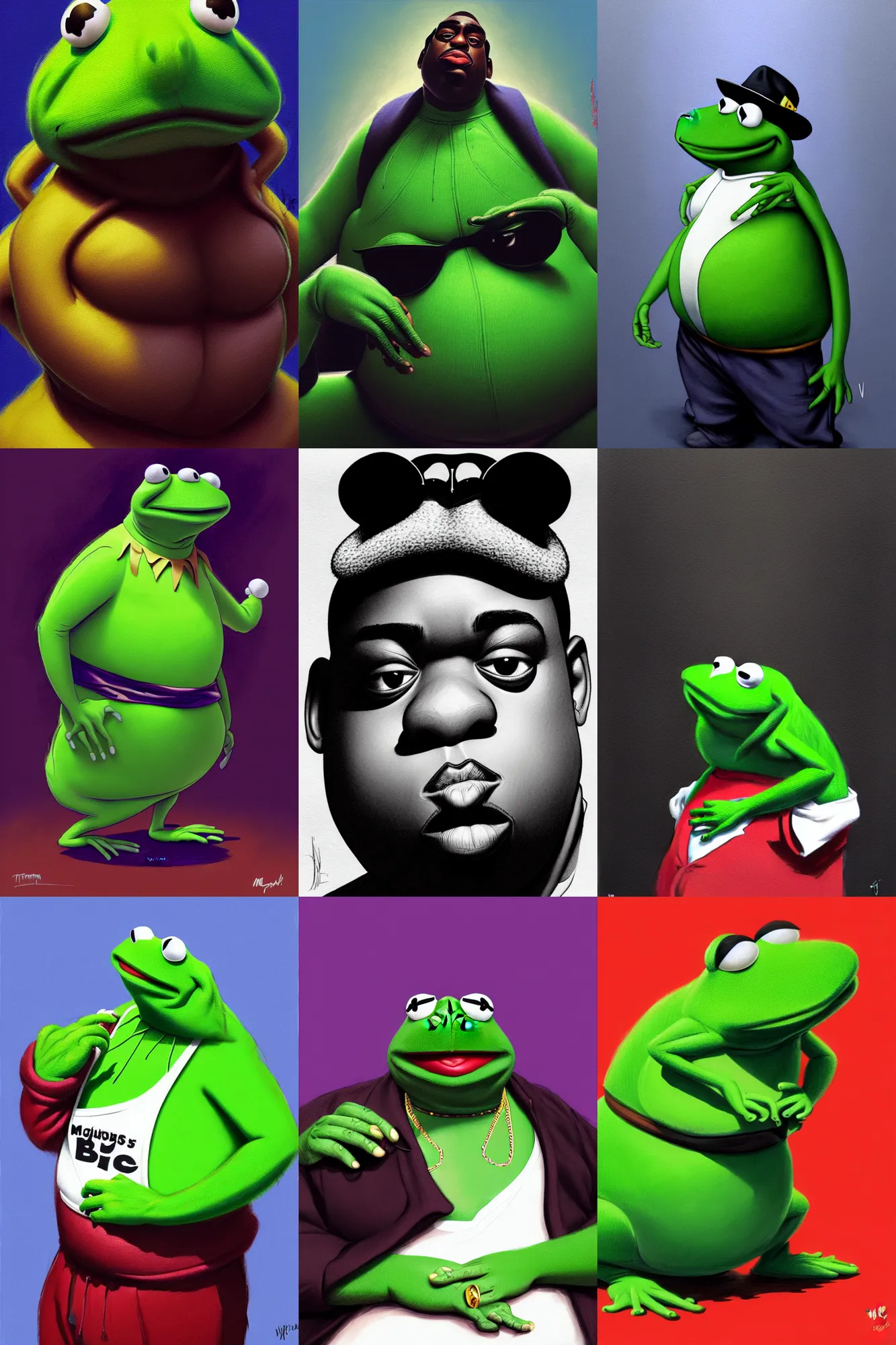 Prompt: the notorious b. i. g. as kermit the frog, animation pixar style, shaded lighting poster by magali villeneuve, artgerm, jeremy lipkin and michael garmash, rob rey and kentaro miura style, trending on art station