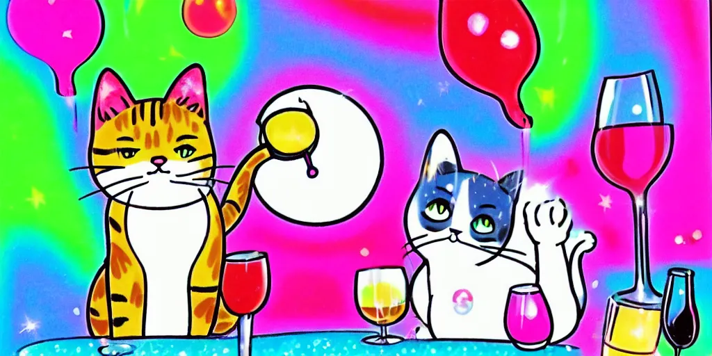 Prompt: a cat drinking red wine, puffy sticker, glitter sticker, kawaii by studio ghibli, by lisa frank 8 k pastel colours, neon colours, fluorescent colours,