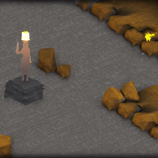 Image similar to a man holds a torch and explores a Dungeon, luminous, low poly