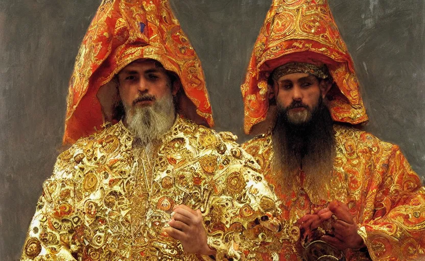 Image similar to high quality high detail painting by ilya repin, the holy priest, intricate costume design, orientalist, partially gold, ornate, elite, luxury, hd