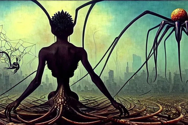 Image similar to realistic detailed portrait movie shot of a beautiful black woman riding a giant spider, dystopian city landscape background by denis villeneuve, amano, yves tanguy, alphonse mucha, max ernst, ernst haeckel, kehinde wiley, jean delville, david lynch, roger dean, cyber necklace, rich moody colours, sci fi patterns, dramatic, wide angle