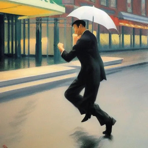 Prompt: man dancing in the rain, edward hopper, hajime sorayama, trending on artstation,