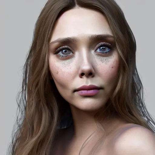 Prompt: nymph render of a very beautiful 3d elizabeth olsen, long hair, hazel eyes, cute freckles, full round face, short smile, cute sundress, golden hour, serene studio setting, medium shot, mid-shot, highly detailed, trending on Artstation, Unreal Engine 4k