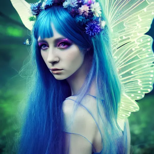Prompt: portrait by bella kotak, high fashion model, beautiful fairy, translucent butterfly fairy wings, a forest clearing in the background, luminescent holographic colors, otherworldly, high fantasy art, soft glow, iridescent colors, ethereal aesthetic, intricate design, fae elements, detailed shiny blue hair, whimsical, atmospheric, octane render, concept art,