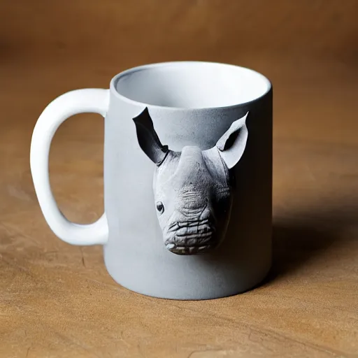 Prompt: a mug with shape of a rhino head, high quality product photography