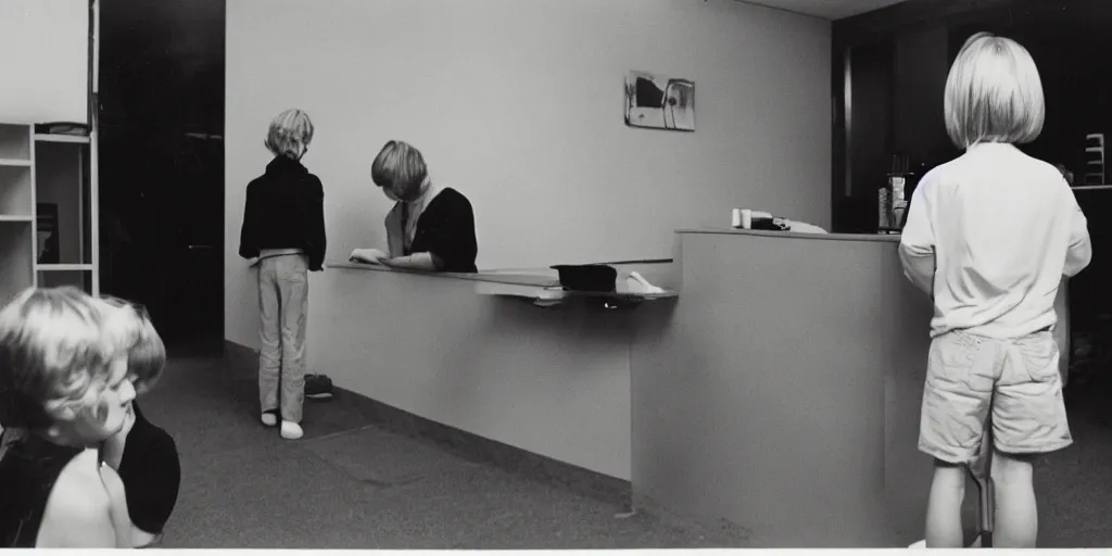 Prompt: A blond child from behind is standing in front of a female speech therapist with short black hair, ultra detailed, color, photography 1973, Kodak