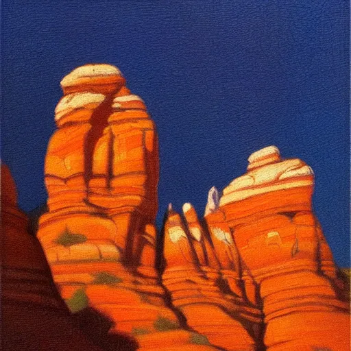 Prompt: sedona's cathedral rock bluff, oil painting at twilight, intricate lines, elegant, extreme detail, smooth, sharp focus, art by vermeer and edward church