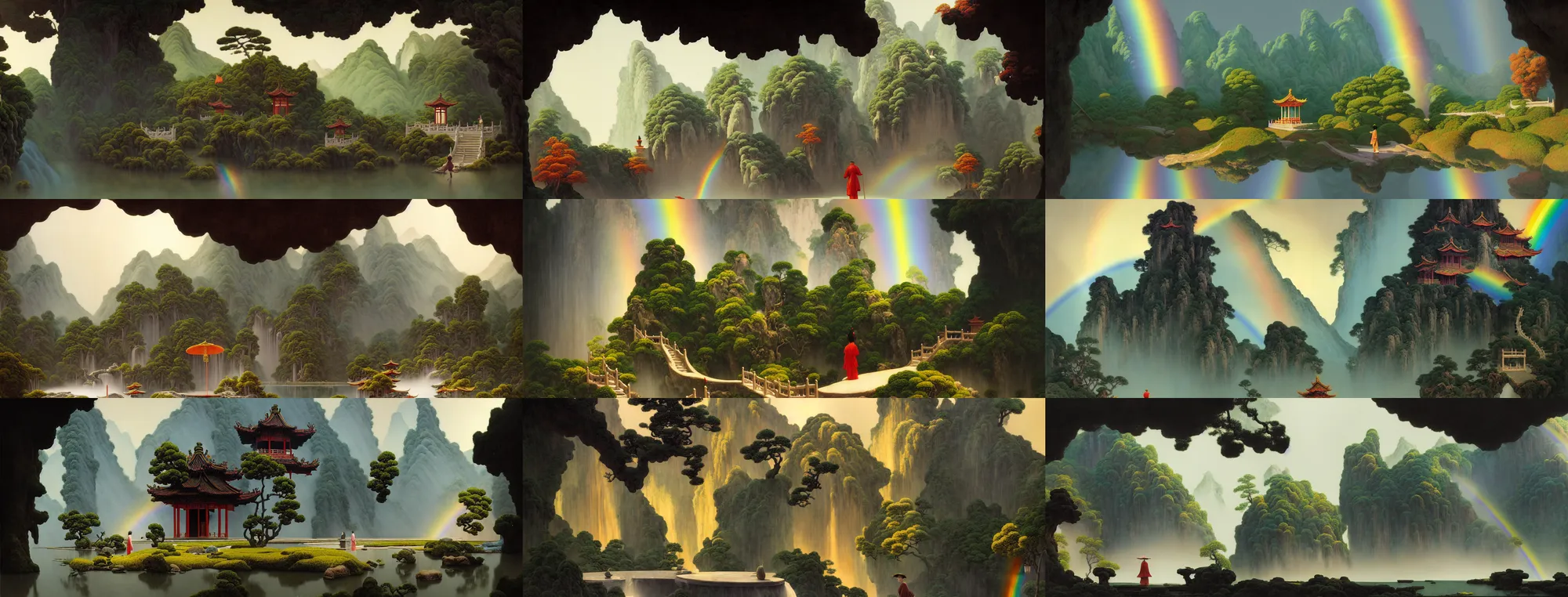 Image similar to a gorgeous landscape painting by barlowe wayne, maxfield parrish and marco mazzoni. chinese temple. just one rainbow, rainy mood!! sunny morning. a lonely chinese wuxia walks on the winding stone steps, stone gate to the dark cave, 3 d, octane render, turbulent lake, waterfall, fog, 8 k.