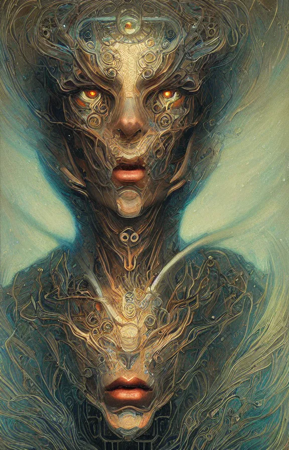 Prompt: a highly detailed beautiful portrait of a robot in the style of jean delville and in the style of peter mohrbacher. glowing rune of magical power.