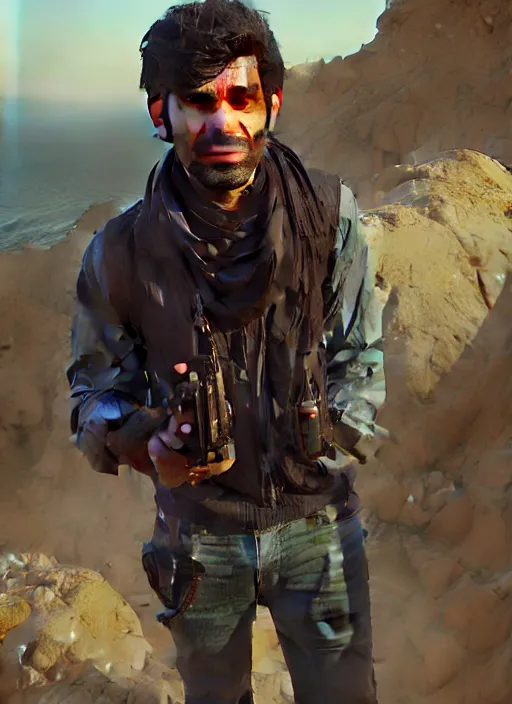 Image similar to highly detailed portrait of iranian man in gta v, stephen bliss, unreal engine, fantasy art by greg rutkowski, loish, rhads, ferdinand knab, makoto shinkai and lois van baarle, ilya kuvshinov, rossdraws, tom bagshaw, global illumination, radiant light, detailed and intricate environment