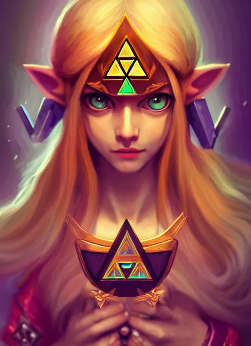 Image similar to zelda with triforce, majora's mask, fantasy, intricate, elegant, highly detailed, digital painting, artstation, concept art, wallpaper, smooth, sharp focus, illustration, art by wlop