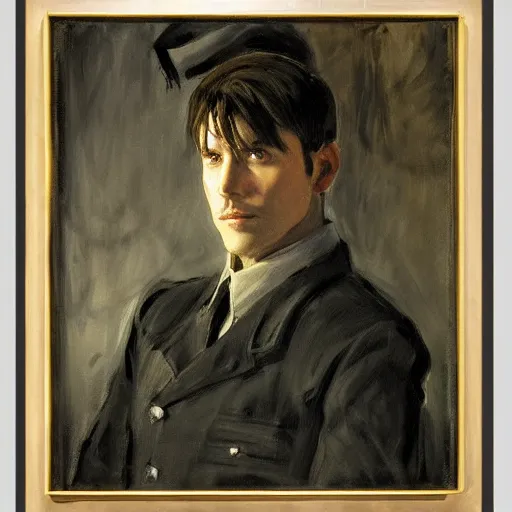 Prompt: Portrait of Roy Mustang as Führer by John Singer Sargent, naturalistic technique, bold brushwork, light and shadow, depth. Sense of movement.