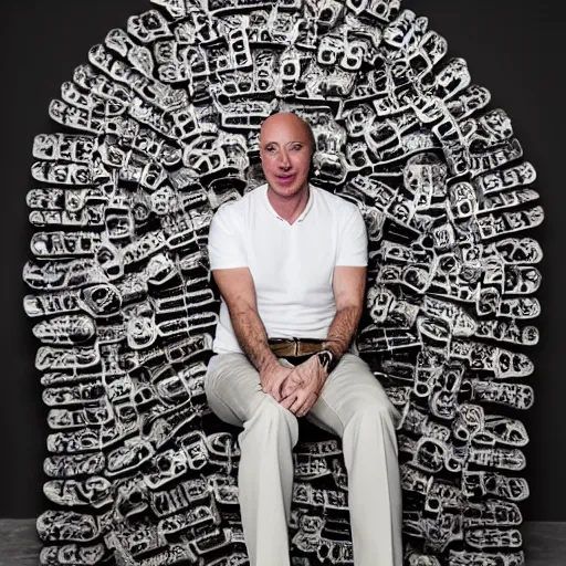 Prompt: jeffrey bezos sitting on a throne made of skulls, brutal, professional photography, artistic cinematography, ultra detailed, backlighting, sinister, laughing, mist, beautiful, 8k, lovely, trending, clear