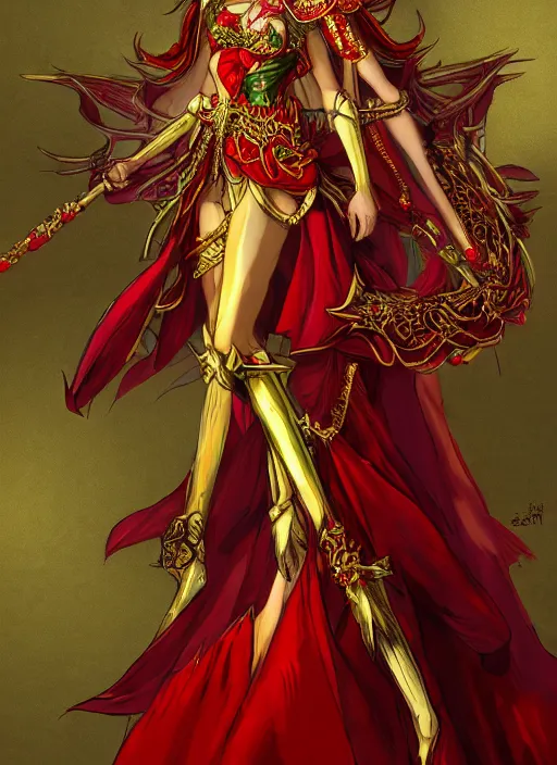 Image similar to Full body portrait of a beautiful red haired elven queen wearing red, green and gold ceremonial queen dress and elaborate golden crown. In style of Yoji Shinkawa and Hyung-tae Kim, trending on ArtStation, dark fantasy, great composition, concept art, highly detailed.