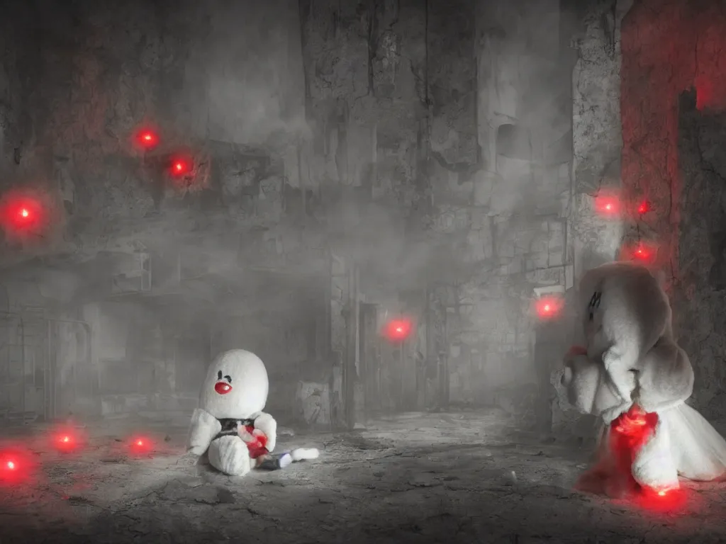 Image similar to cute fumo plush girl ghosts playing in a mysterious concrete wartorn brutalist ruin, ominous bright red lights, chibi gothic maiden in tattered rags, dramatic three point lighting, glowing wisps of hazy smoke and volumetric fog swirling about, vray