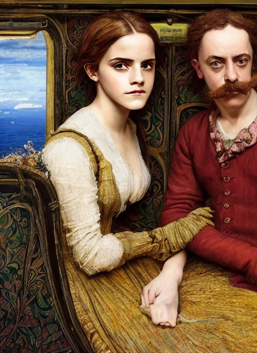 Image similar to emma watson detailed colourful masterpiece of intricate preraphaelite photography couple portrait sat down extreme closeup, love, inside a full underwater train, detailed realistic expressions, wearing unusual clothes, by ford madox brown and william powell frith and frederic leighton and john william waterhouse and william morris, ultra wide angle