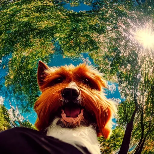 Image similar to Selfie of a dog sitting in a beautifully vivid park, while the sun shines brightly on the fur of the dog, subsurface scattering, first-person view, fisheye!!!!!! lens, photorealistic imagery, trending on artstation, 4k, 8k