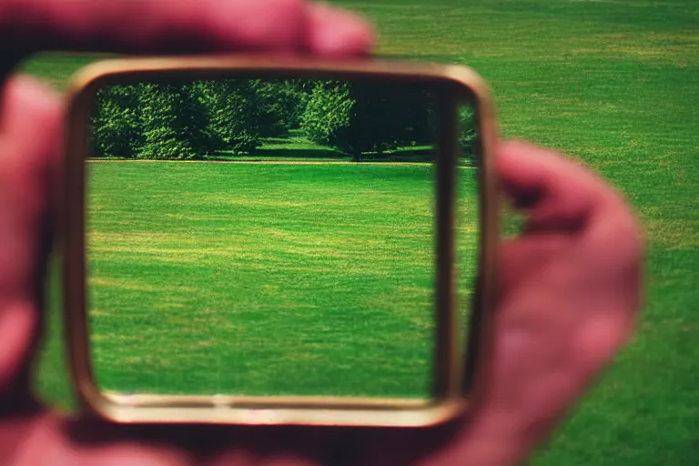 Image similar to film color photography, long view of square hand mirror lies at the green lawn, no focus, 35mm