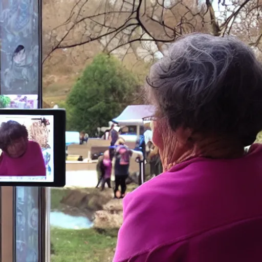 Image similar to taking a photo of an old woman with the screen showing scary realistic aliens, background showing old lady