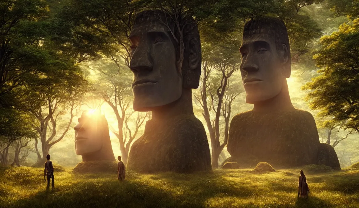 Image similar to detailed intricate digital landscape illustration by greg rutkowski and artgerm and wlop and sanford robinson gifford ; moai statue in yggdrasil forest thick trees ; 1 3 mm film still, wide angle arri alfa anamorphic lens, motion blur ; sharp focus, soft evening lighting with gleaming sun rays ; trending on artstation 4 k