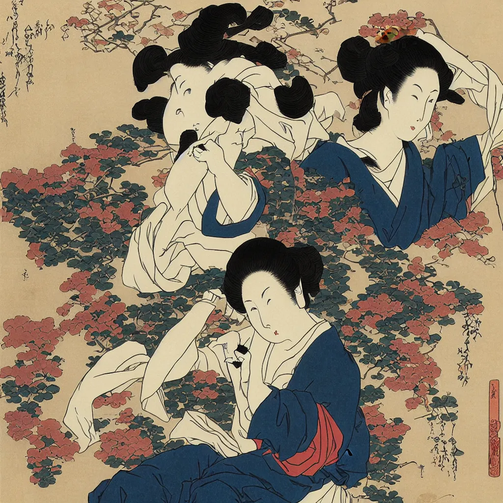 Image similar to i, a beautiful woman playing her iphone, by hokusai