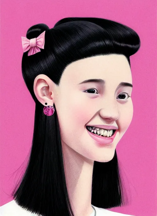 Prompt: portrait of high school girl, realistic, black hair, bangs, half updo hairstyle, pointy nose, skinny, smile, ugly, defined jawline, big chin, pink hair bow, earrings, intricate, elegant, yearbook photo, highly detailed, digital painting, artstation, sharp focus, illustration, art by wlop, mars ravelo and greg rutkowski