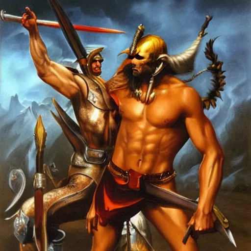 Prompt: Oil paitning Obama as a barbarian warrior Boris Vallejo