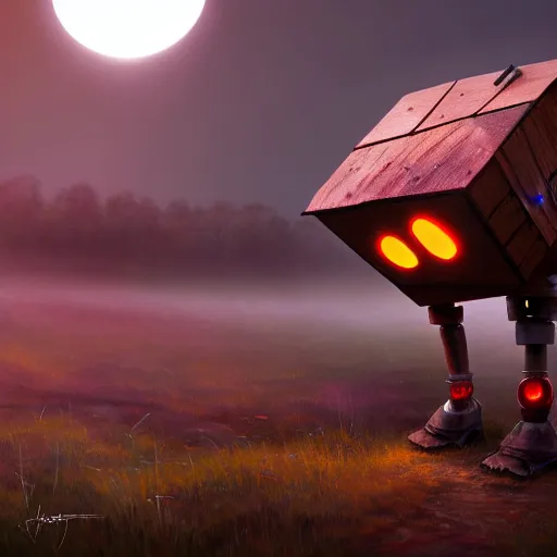 Image similar to a walking wood house with two mechanical legs and two glowing eyes and two hands, rust, hyperrealistic, pareidolia, highly detailed, cinematic, single ray of sun, fog, city in background, beautiful, cgssociety, artstation, 8 k, oil painting