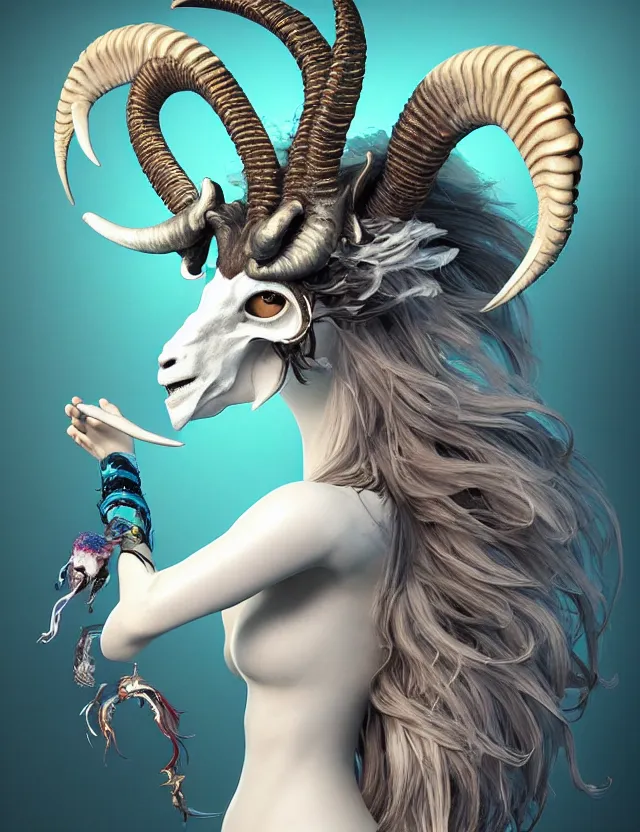 Image similar to 3 d goddess goat skull half - turn portrait with long hair with ram skull. beautiful intricately detailed japanese crow kitsune mask and clasical japanese kimono. betta fish, jellyfish phoenix, bio luminescent, plasma, ice, water, wind, creature, artwork by tooth wu and wlop and beeple and greg rutkowski