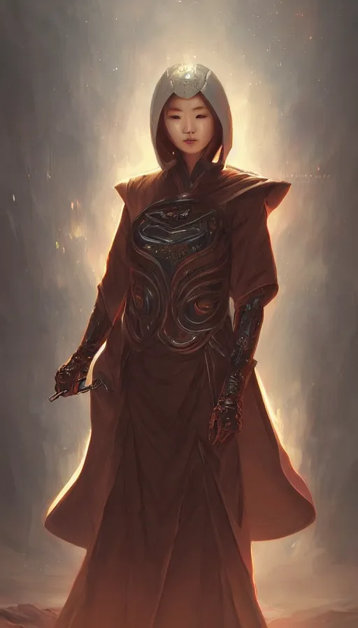 Prompt: portrait of Korean female wearing Star Wars sith robes, expressive pose, intricate, elegant, highly detailed, digital painting, artstation, concept art, smooth, sharp focus, illustration, art by artgerm and greg rutkowski and alphonse mucha