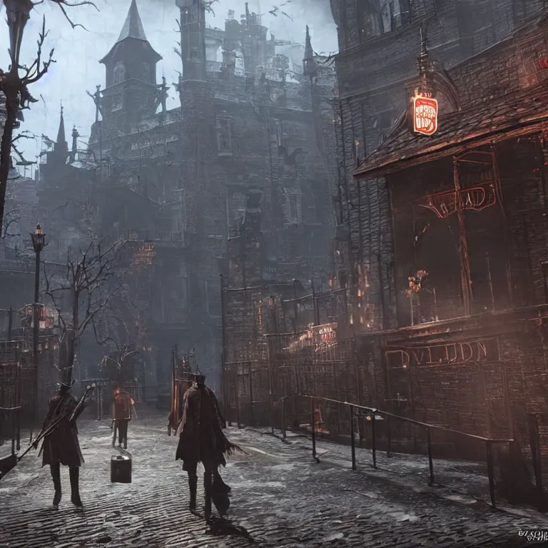 Image similar to A Burger King in Yharnam from the game Bloodborne
