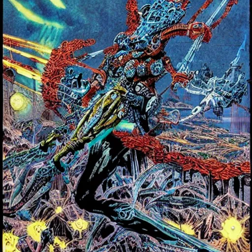 Image similar to wide scene, armored sci - fi god of destructuion manifests floating in midair, art by philippe druillet