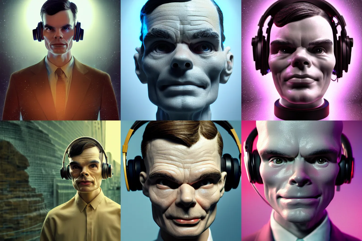 Prompt: incredibly realistic, too detailed face of crystal golem alan turing, organic eyes, spiral headphones, octane render, bump mapping, macro image, global illumination, 8 k, bokeh, earl norem, ivan kramskoi, carl bloch