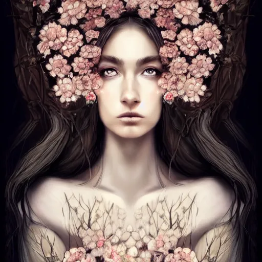 Image similar to a picture of a beautiful woman with a symmetrical detailed face, dressed in a white lace dress and covered in flowers and leaves sitting in an enchanted forest, sunset, high fantasy, elegant, epic, detailed, intricate, digital painting, concept art, realistic detailed face, smooth, focus, rim light