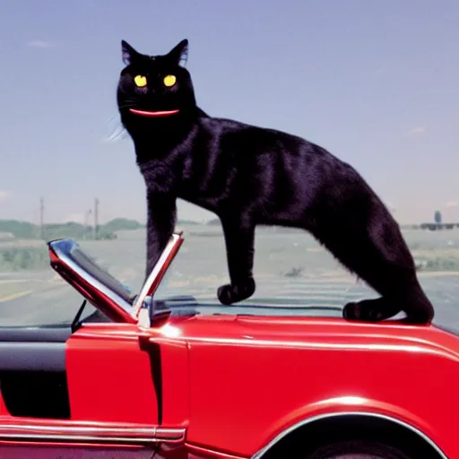 Image similar to A human scaled black cat driving a convertible from the 70s