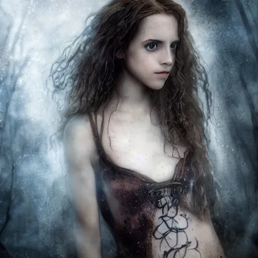 Image similar to Hermione in tattoos conjuring with a magic wand, by luis royo art, dressed beautiful gown, beautiful eyes, Beautiful face, by Aggi Erguna, high detail, high resolution, art from harry potter, by David Lazar and Annie Leibovitz 500px photos, top cinematic lighting , cinematic mood, very detailed