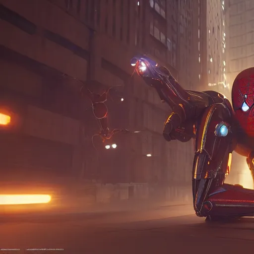 Image similar to unreal engine, octane render, 8 k, spiderman resembling mecha, techno mystic, by greg rutkowski,, maxim verehin, greg rutkowski, masterpiece, sharp focus,