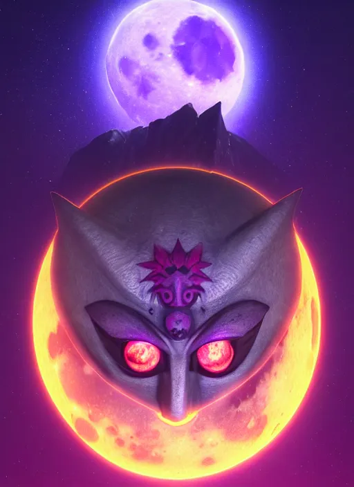 Prompt: majora\'s mask evil moon looking at the viewer maniacally, night sky, starry night, legend of zelda, dramatic lighting, cinematic, film, dynamic pose, movie scene, colorful, dark art, concept art, 8K, actor as role, octane render, visionary art, artstation,neon lighting, intense shadows, legend of zelda link staring at the moon