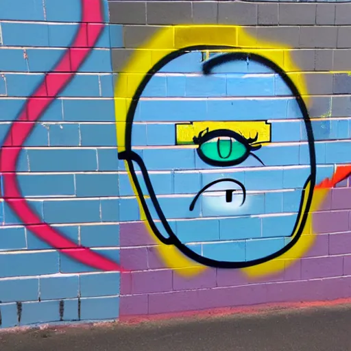Prompt: wall with graffiti of man with one eye made with colored circles and lines