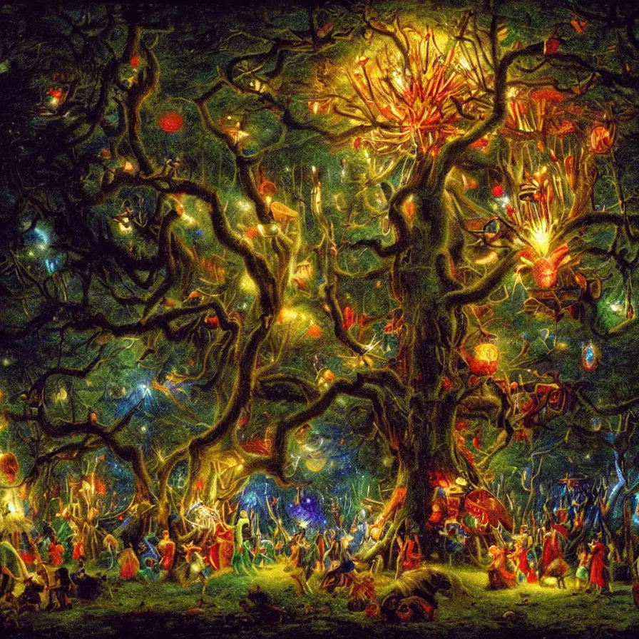Image similar to closeup of a night carnival inside a tree cavity in a magical forest in the middle of a summer storm, with a music scenario with many fireworks and christmas lights, volumetric lightning, instense god rays in the sky, folklore people disguised with fantastic creatures in a magical forest by summer night, masterpiece painted by fernand toussaint, very coherent and colorful high contrast masterpiece,