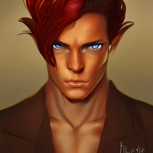 Prompt: dnd character portrait of a tanned half - elf with messy short red hair and golden eyes with slit pupils, beautiful and androgynous with dark skin, feral, glowing, golden hour, wearing a stylish men's suit, by ross tran and gerald brom, trending on artstation