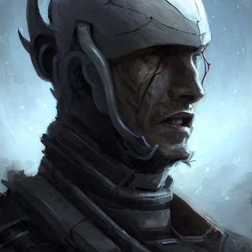 Prompt: Portrait of an alien man by Greg Rutkowski, hard predatory look pointed ears, prominent jaw and visible fangs, wearing a futuristic space tactical gear that looks like a mix between the samurai, viking and templar aesthetics, mix between tribal and hi-tech, highly detailed portrait, scifi, space opera, digital painting, artstation, concept art, smooth, sharp foccus ilustration, Artstation HQ