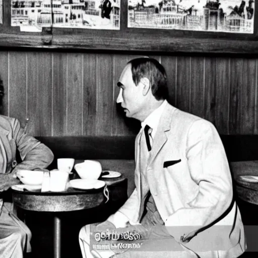 Prompt: karl marx and vladimir putin discussing communism, photo 1960, restaurant background