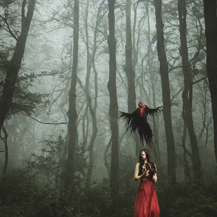 Prompt: a harpy in a foggy forest, by Omar Z. Robles, CANON Eos C300, ƒ1.8, 35mm, 8K, medium-format print