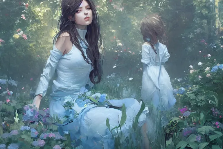 Prompt: a beautiful painting of blue roses garden, girl, by greg rutkowski, trending on artstation
