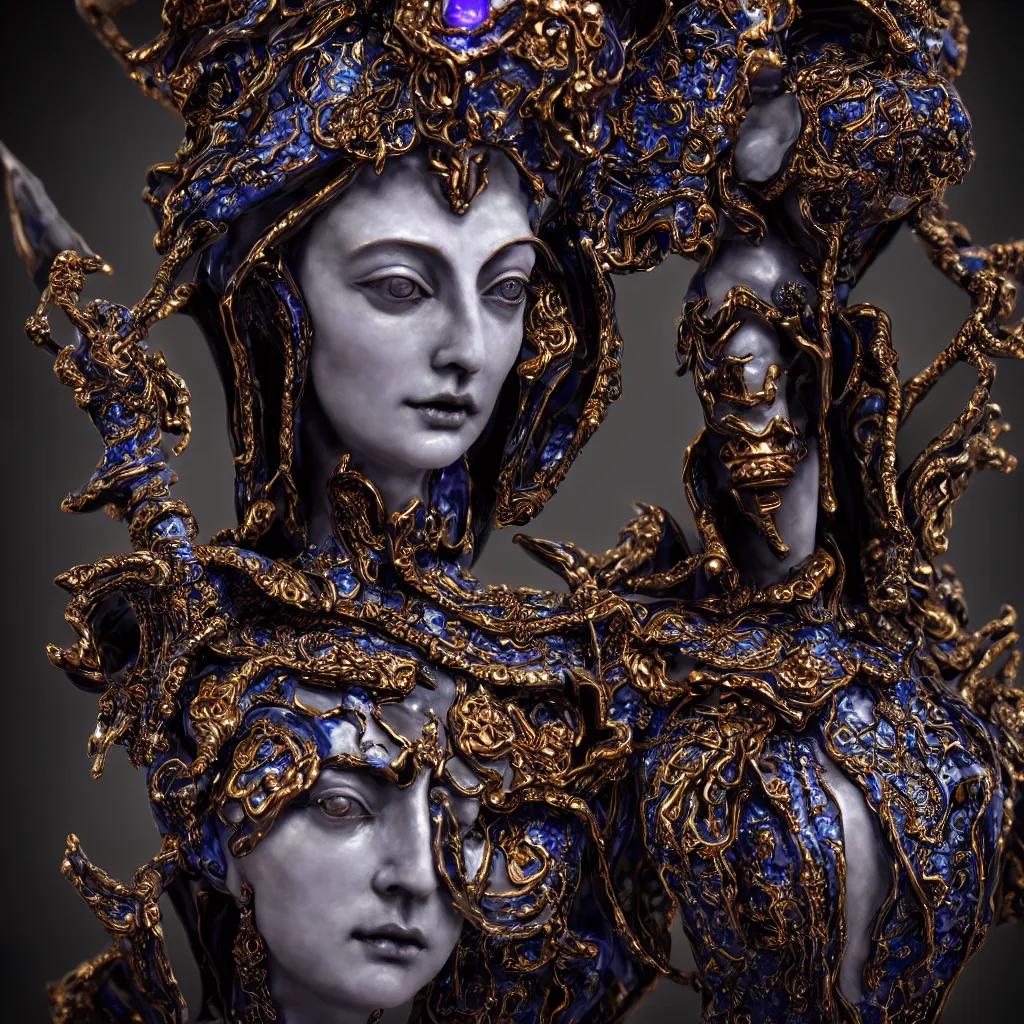 Image similar to a single close up photo - real delicate ceramic porcelain sculpture of an ornate majestic dark necromancer queen by rafael, detailed in front of an intricate background by mondrian, backlit lighting, subsurface scattering, translucent, thin porcelain, octane renderer, colorful, physically based rendering,