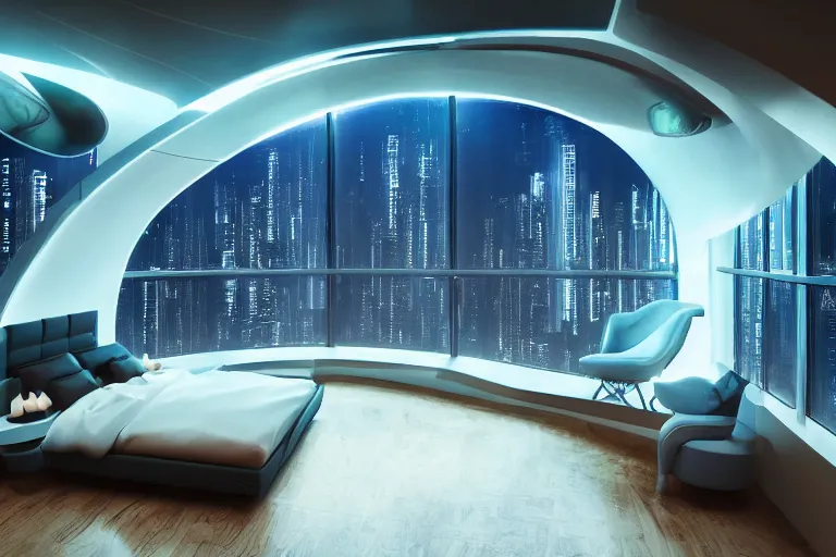 Image similar to a futuristic bedroom with large curved ceiling high windows looking out to a far future cyberpunk cityscape, cyberpunk neon lights, raining, scifi